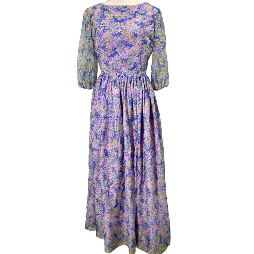 Vintage Handmade Floral Puff Sleeve Midi Dress Pastel Purple Chiffon Size Small